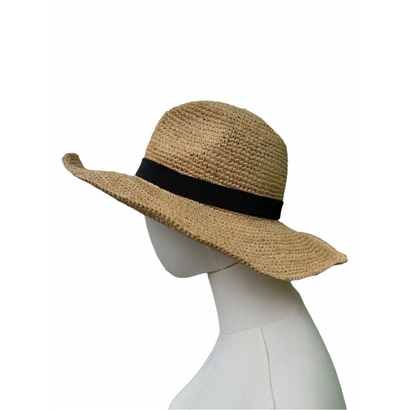 J.Crew Straw Sun Hat Natural Tan Black Band S-M Wide Brim Beach Summer Classic main image 7